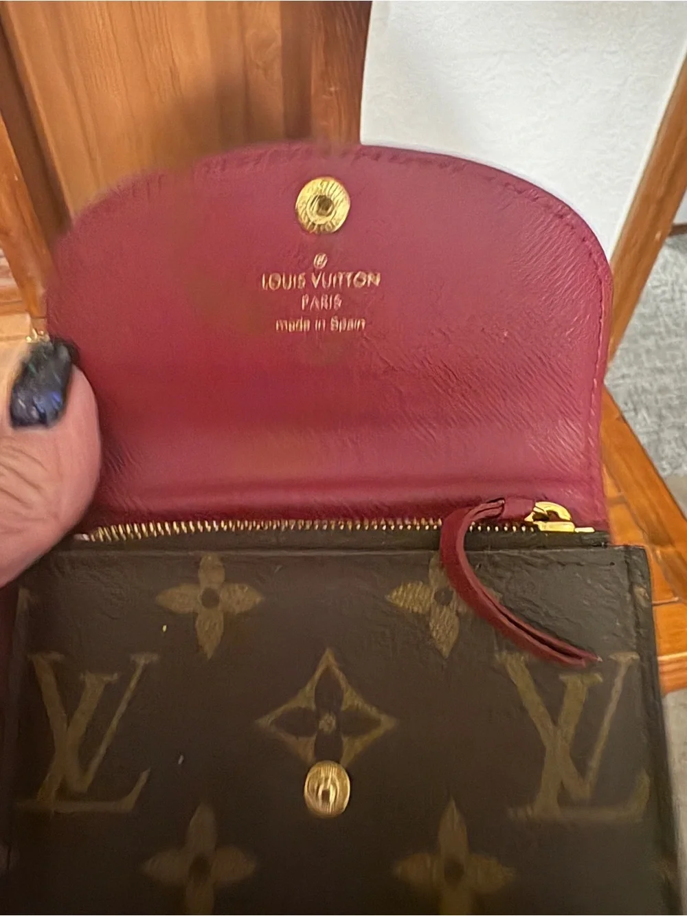 Louis Vuitton Monogram Compact Wallet in Brown with Pink Snap Button